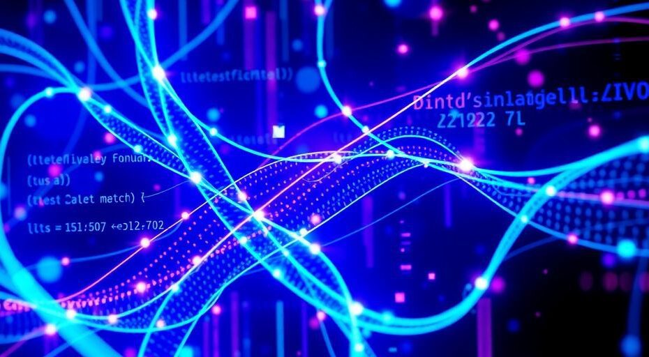 Abstract digital art with glowing code elements.