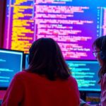 Diverse developers coding on sleek, modern platforms.