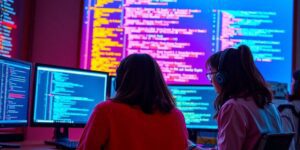 Diverse developers coding on sleek, modern platforms.