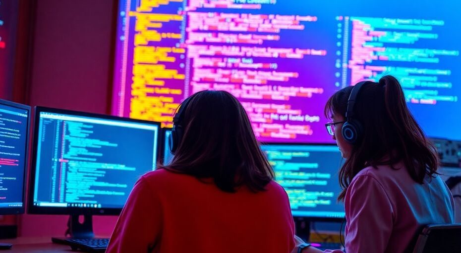 Diverse developers coding on sleek, modern platforms.