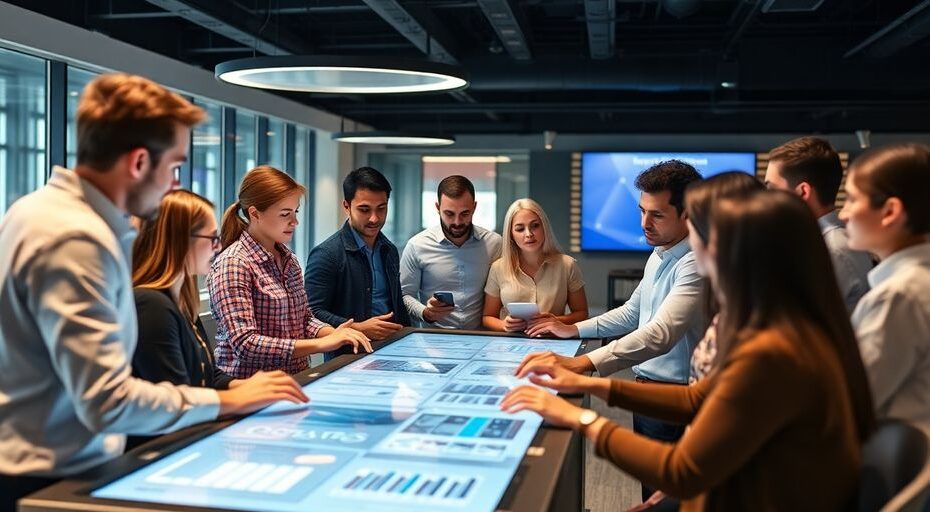 Agile team collaborating with futuristic testing software.