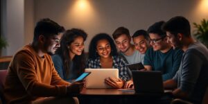 People collaborating around laptops and tablets with warm ambient lighting.