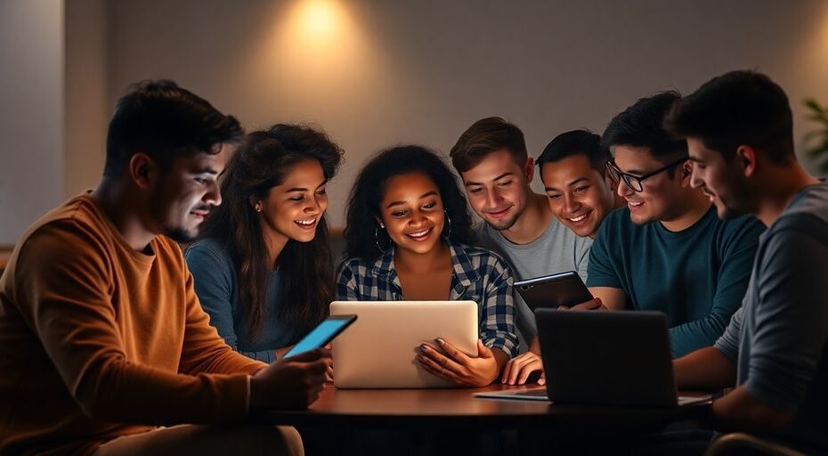 People collaborating around laptops and tablets with warm ambient lighting.