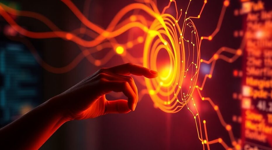A person using a glowing, intuitive software building tool.