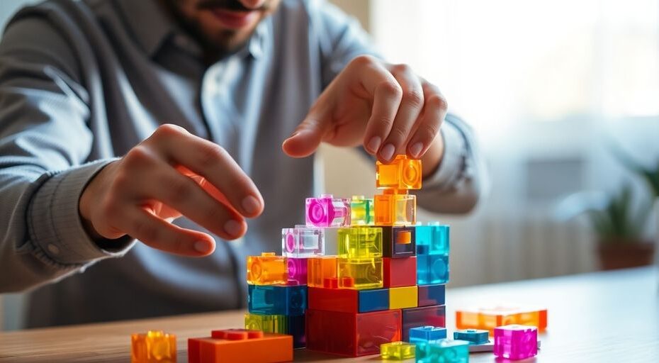 Person easily building a product with colorful digital blocks.