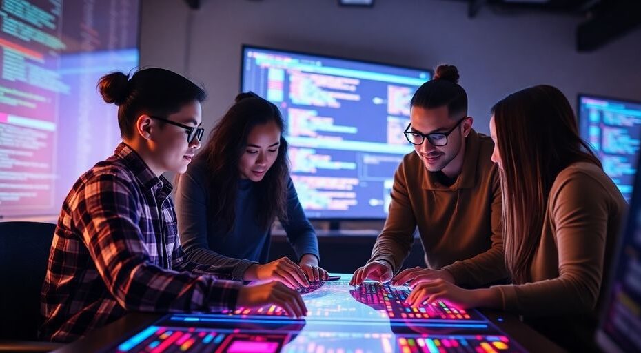 Startup team coding with glowing interface.