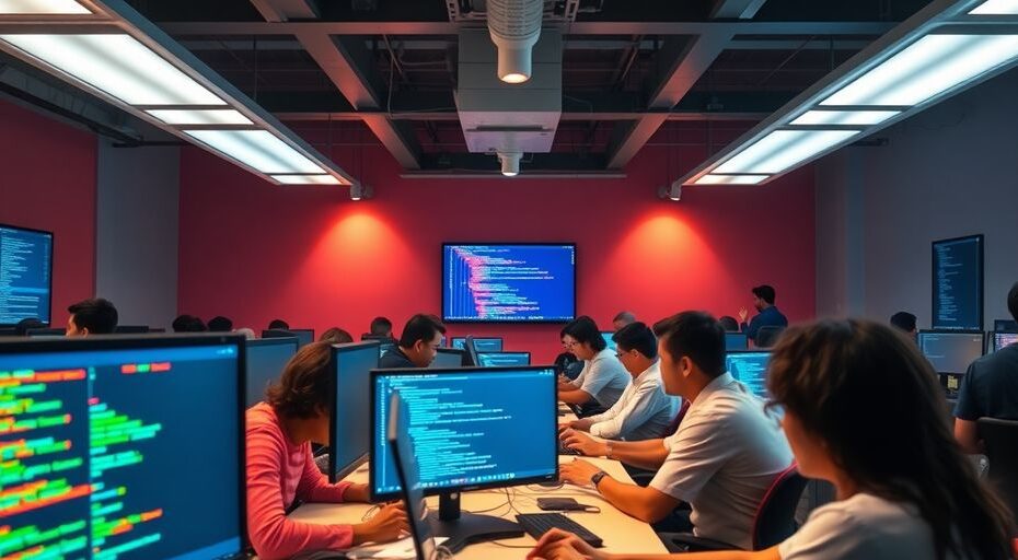 Vibrant coding environment with diverse developers collaborating.