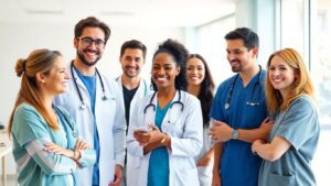 Healthcare staff working together in a clinic.