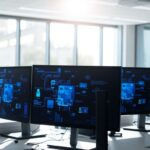 Computer screens displaying digital interfaces in an office.