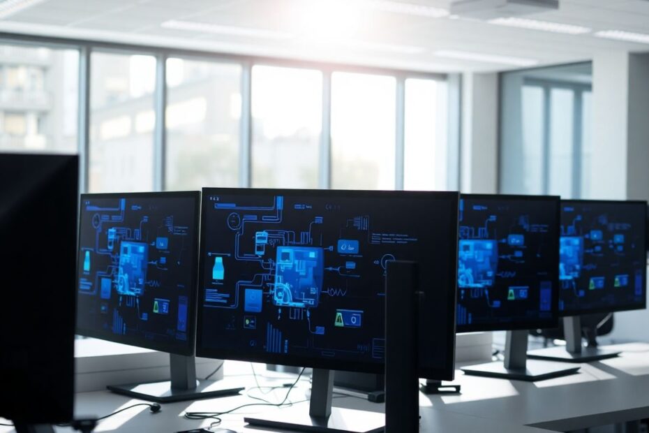 Computer screens displaying digital interfaces in an office.