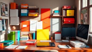 Organized marketing materials and devices in a bright workspace.
