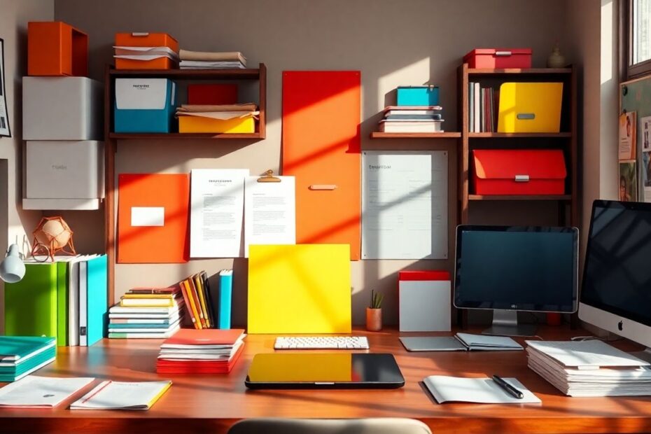 Organized marketing materials and devices in a bright workspace.