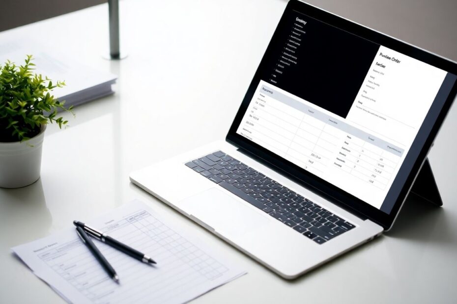 Laptop with purchase order form on a desk.