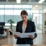 Person reviewing financial documents in an office.