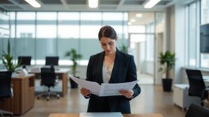Person reviewing financial documents in an office.