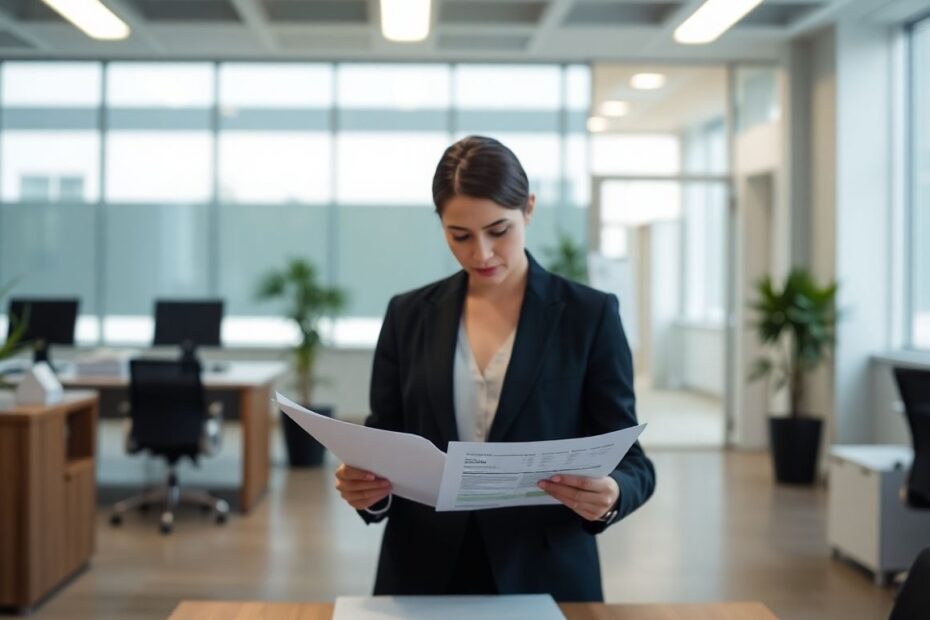 Person reviewing financial documents in an office.