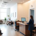 Clinic reception with staff using computer and waiting patients