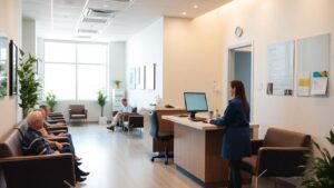 Clinic reception with staff using computer and waiting patients