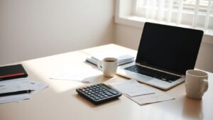 Laptop and calculator on tidy office desk