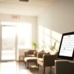 Medical appointment software on a tablet in an office.