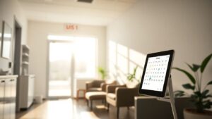 Medical appointment software on a tablet in an office.