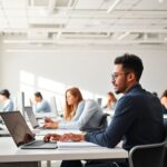 Employees working diligently at their desks in a bright office.