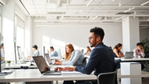 Employees working diligently at their desks in a bright office.
