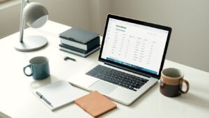Freelancer's desk with client database software.