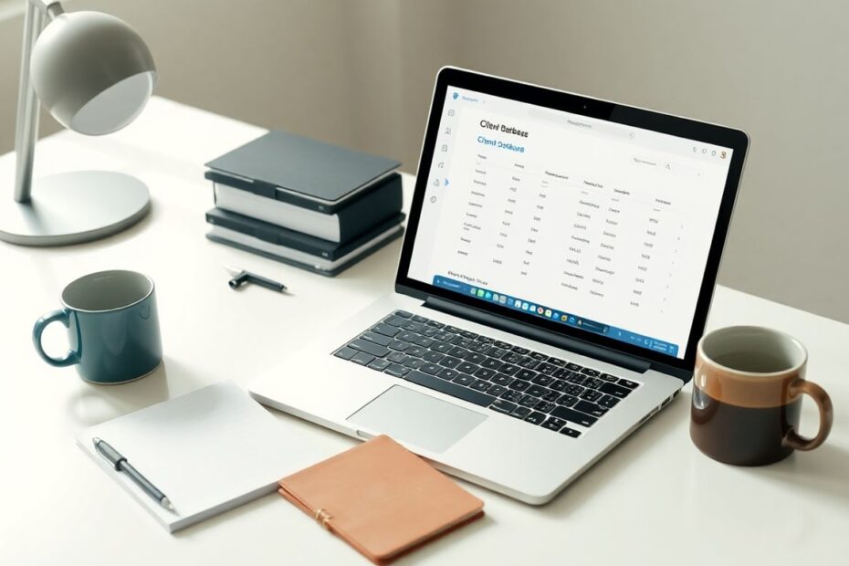 Freelancer's desk with client database software.