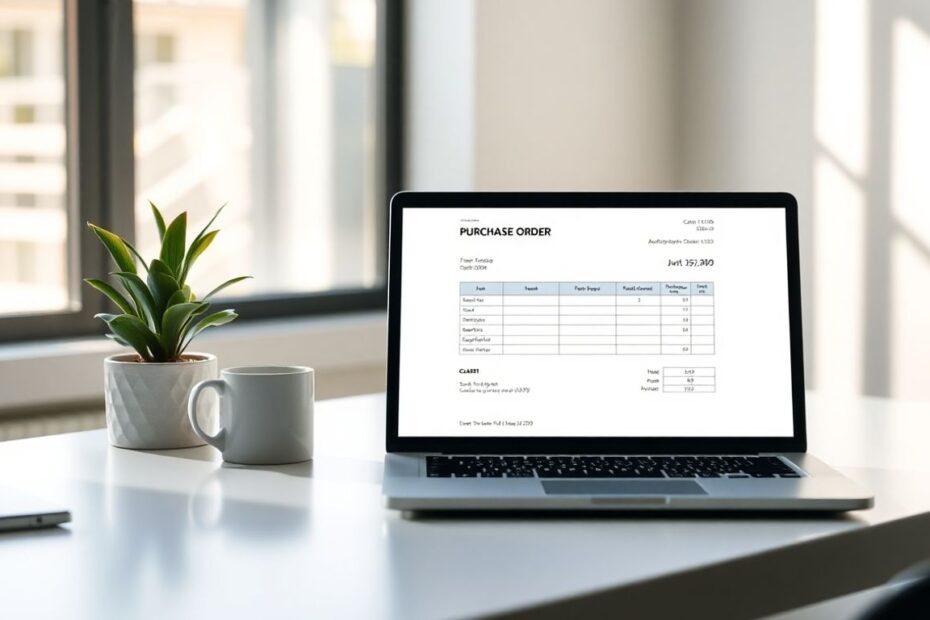 Purchase order software on a laptop screen.