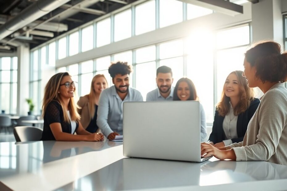 Startup sales team collaborating in a modern office.