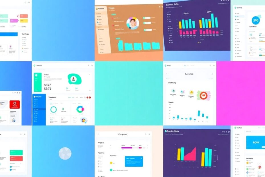 CRM software interfaces with colorful icons and dashboards.