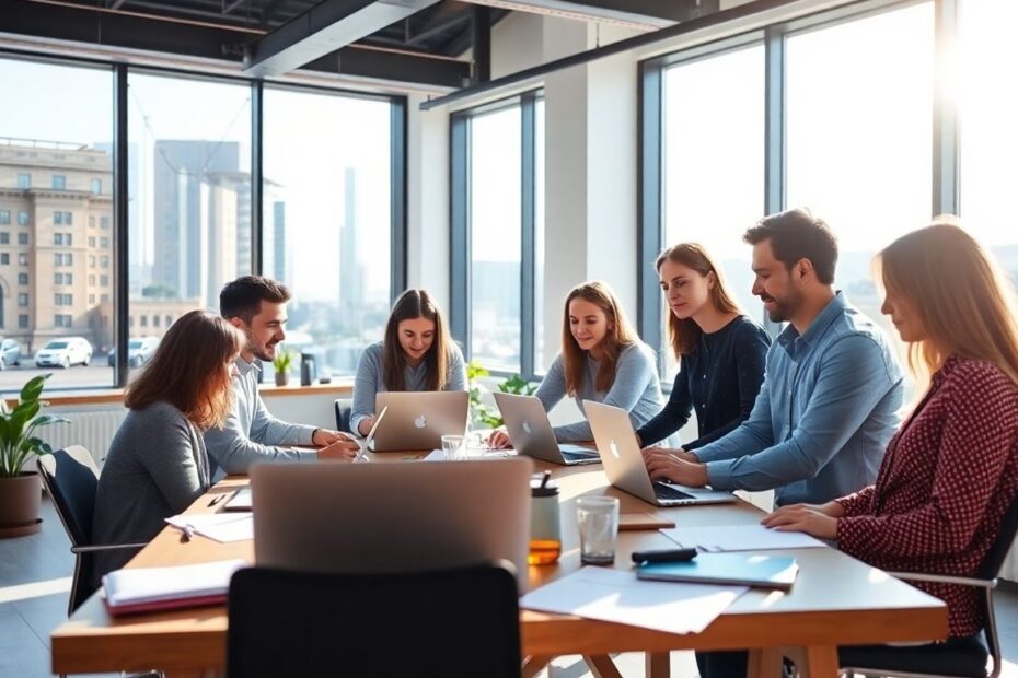 Creative agency team working together in a modern office.