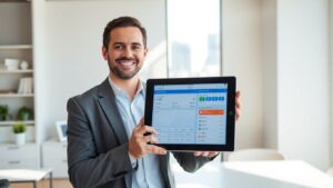 Real estate agent with CRM tablet in modern office.