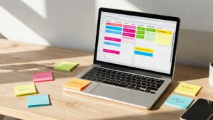Kanban board on a laptop screen with sticky notes.