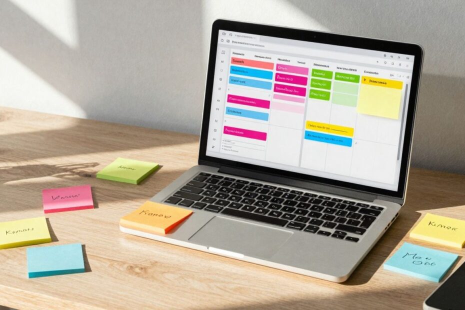 Kanban board on a laptop screen with sticky notes.