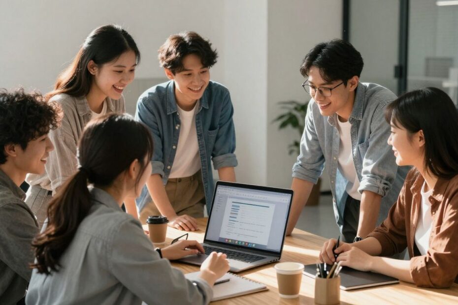Small team working together on client onboarding software.