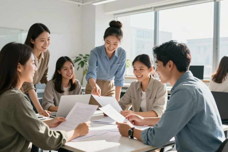 Small business team working together in a bright office.