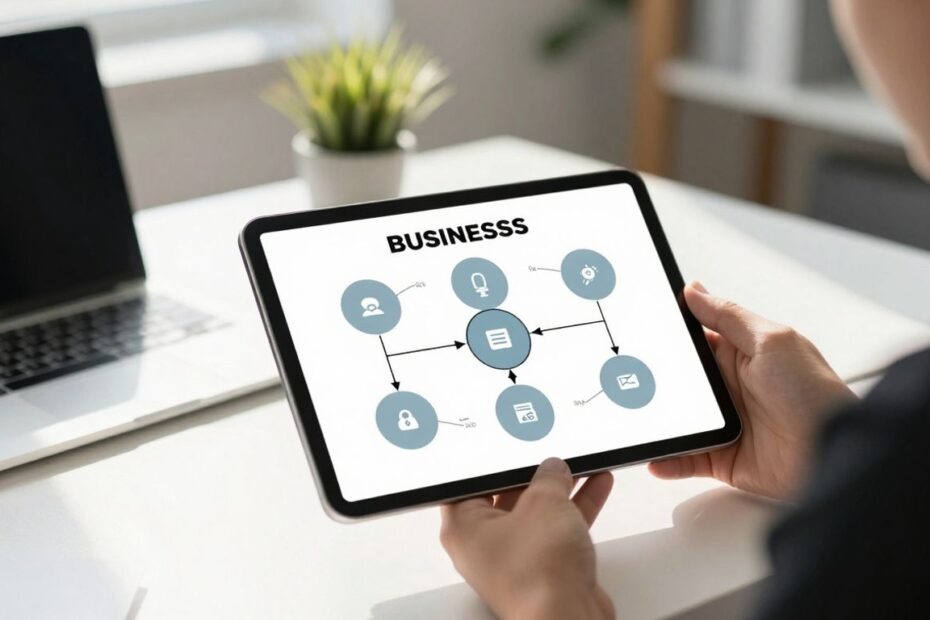 Person reviewing simplified business process on a tablet.