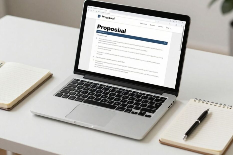 Desk with laptop showing proposal document and pen.
