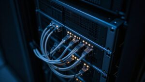 Server rack with blinking lights and cables during a live incident.