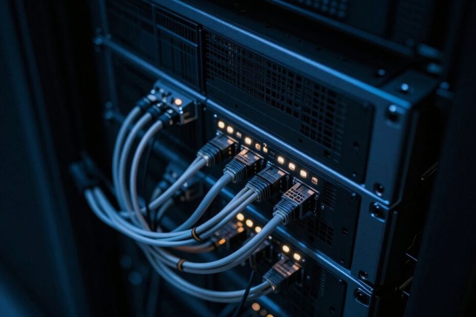 Server rack with blinking lights and cables during a live incident.