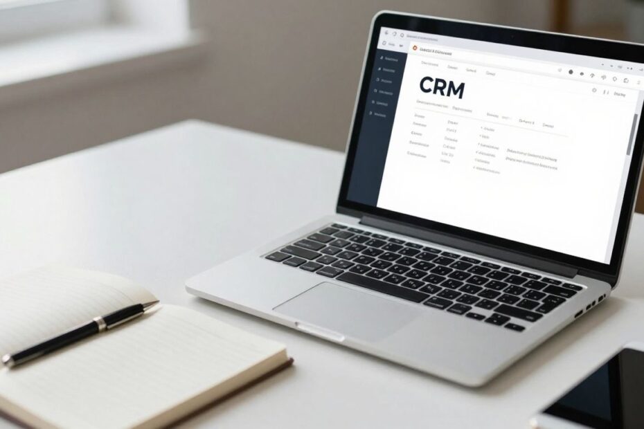 Solopreneur using a lightweight CRM tool on a laptop.
