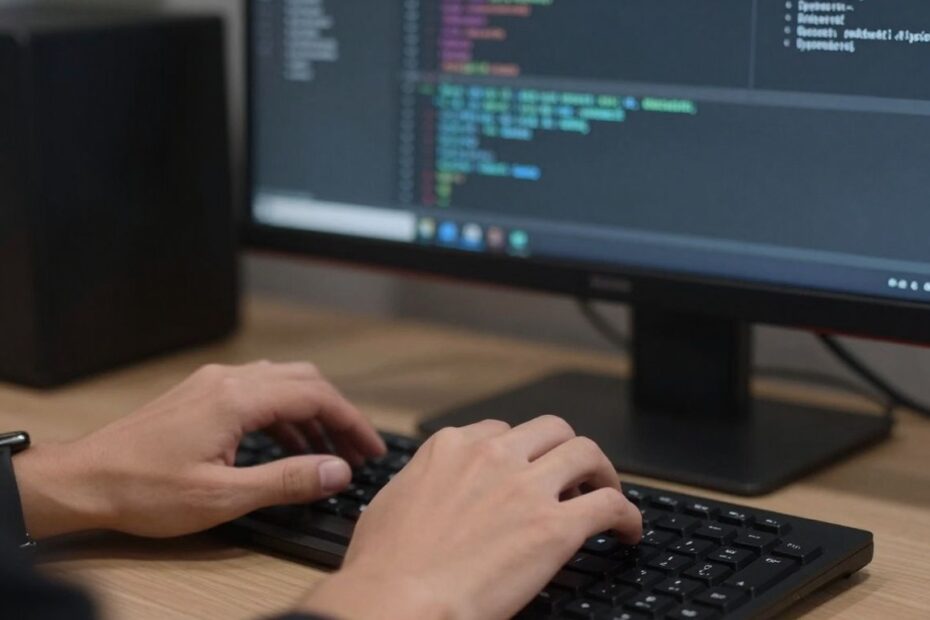 Developer typing code on a keyboard, monitor in background.