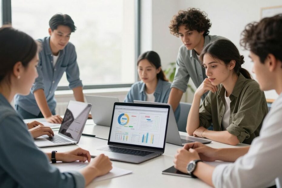 SaaS team collaborating on product analytics.