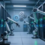 Robotic arms automating server maintenance in a futuristic data center.