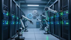 Robotic arms automating server maintenance in a futuristic data center.
