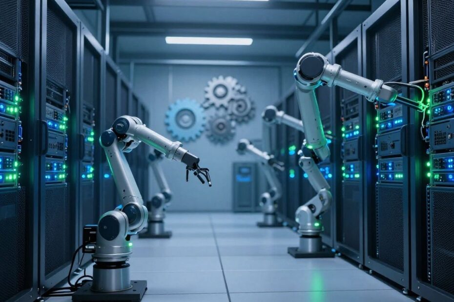 Robotic arms automating server maintenance in a futuristic data center.