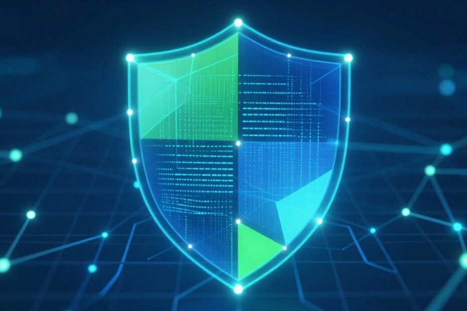 Digital network grid with secure pathways and protective shield.