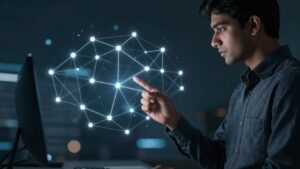 Person analyzing digital network for SaaS vendor risk.